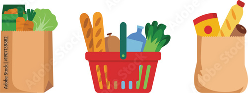 Grocery shopping paper bags and basket vector set, fresh healthy food icons for supermarket retail