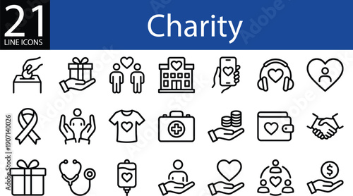 Charity line icon set in outline style, donation, volunteering, medical aid, and community support