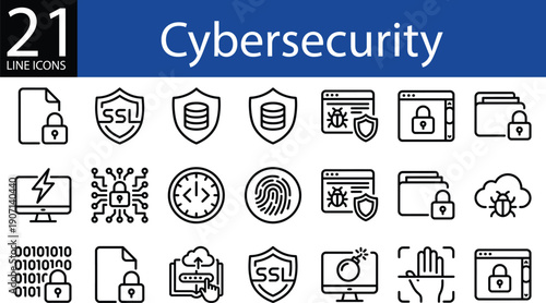 Cybersecurity line icon set in outline style, encryption, shields, locks, malware, and authentication