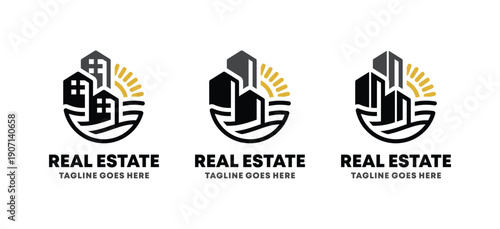 Modern real estate logo design featuring building, land, and sunrise elements. Ideal for property, housing, architecture, construction, and realty brand identity.