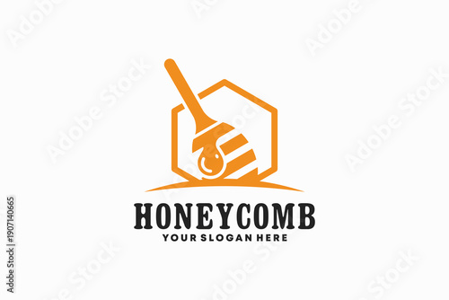 Warm and friendly logo featuring honeycomb and honey dipper elements. Perfect for honey products, organic food, beekeeping, natural and healthy brands.