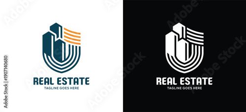 Professional real estate logo combining building and shield symbols to express safety, trust, and property protection. Ideal for housing, construction, and realty companies.