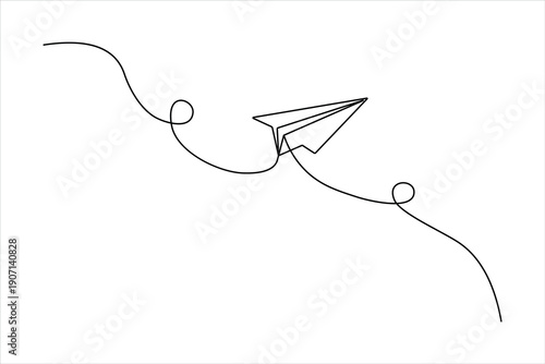 Minimalist one-line drawing of a classic paper plane flying with a swirling trail. Simple, elegant, and modern vector art on a white background.
