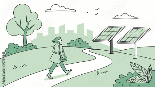 Serene woman enjoying eco-friendly park with solar panels and lush greenery, promoting sustainability and harmony with nature