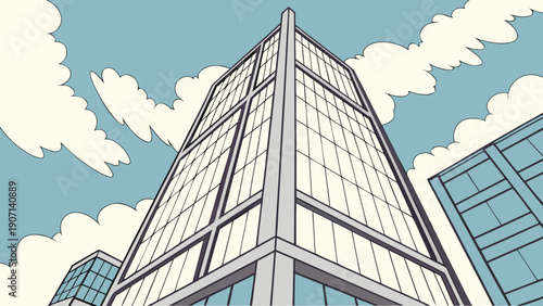 Modern skyscraper standing tall against blue sky with fluffy white clouds