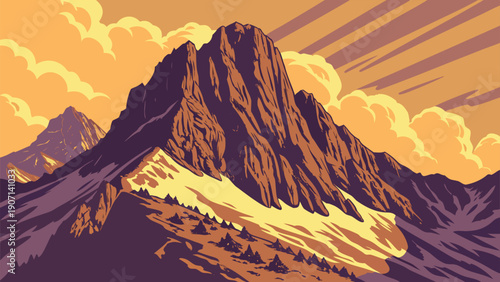 Experience the serenity of a majestic mountain landscape at sunset
