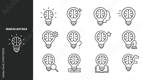 Modern Outline Brain and Light Bulb Icon Set – 12 Creative Thinking Line Icons