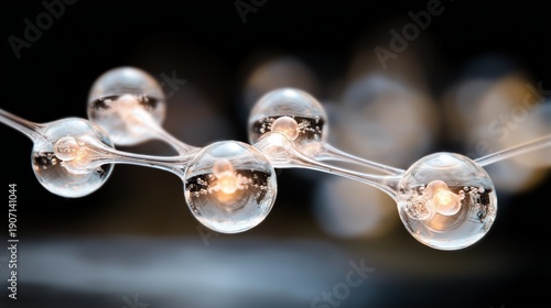 A complex network of interconnected molecules, glowing faintly, suspended in a transparent gel against a black background