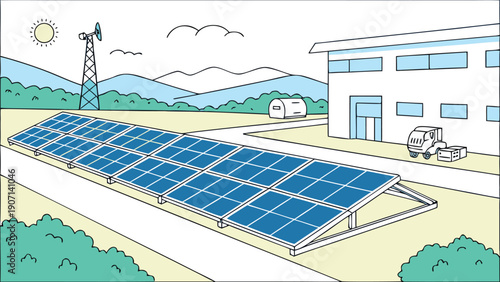 Solar panel array on a sunny day with modern building and mountains