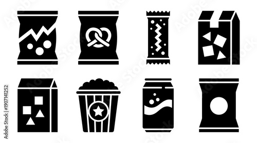 Collection of black solid icons representing various junk food items including potato chips pretzels chocolate bars popcorn and soft drinks