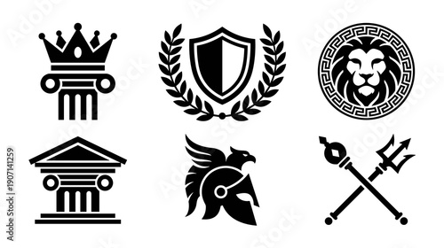 Collection of black silhouette symbols representing classical antiquity including spartan helmet laurel wreath trident scepter and architectural columns for graphic design