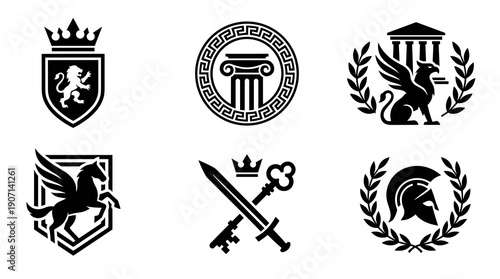 Collection of black and white mythological and heraldic icons including winged horse ancient column laurel wreath crown and crossed sword key