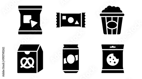 Collection of black solid icons representing various junk food items including salty snacks sweet treats and carbonated beverages for menu