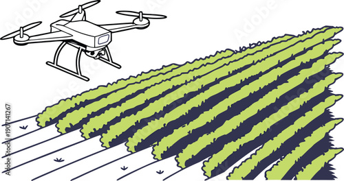 Drone capturing stunning aerial view of modern agricultural field with rows of crops, showcasing innovative farming technology and sustainable practices
