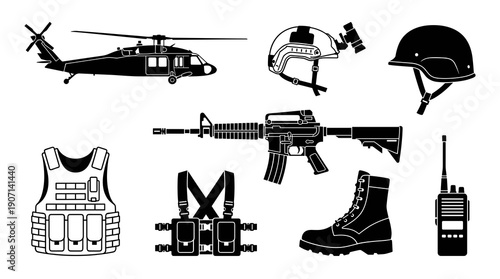 Collection of black military icons featuring assault rifle tactical gear combat helmet helicopter and communication equipment for army soldier themes