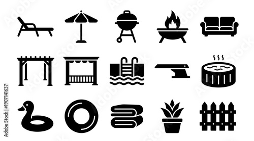 Collection of black solid icons for backyard recreation including swimming pool hot tub barbecue grill patio furniture and garden accessories