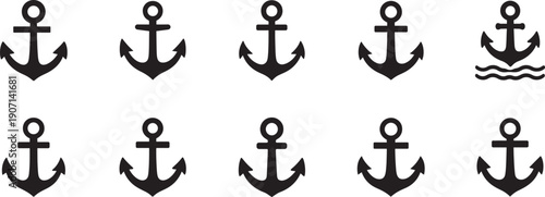 Anchors icon set in flat style featuring nautical sea anchor symbols for marine, travel and web design.