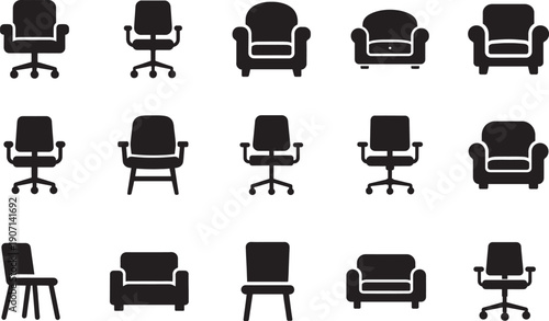   Chair icon collection with office chair, armchair and sofa icons isolated on white background for design use.