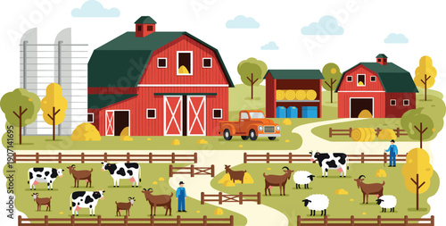 Rural farm landscape with red barn house silos and livestock including cows sheep and goats in a flat vector.