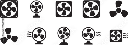 Fan icon set featuring ventilator, propeller, cooler and air conditioner symbols for web and app design.