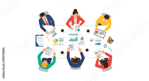 Six diverse business professionals are actively engaged in a meeting, seated around a rectangular table with documents and charts.