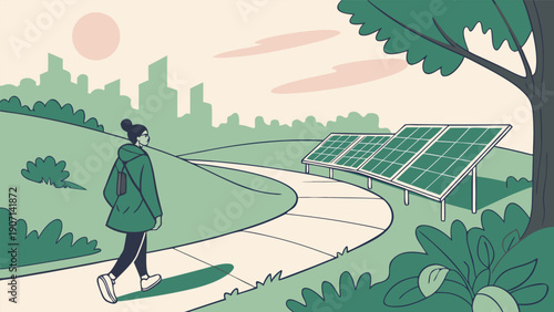 A person walks towards solar panels in a serene green park, symbolizing a sustainable future and harmony with nature