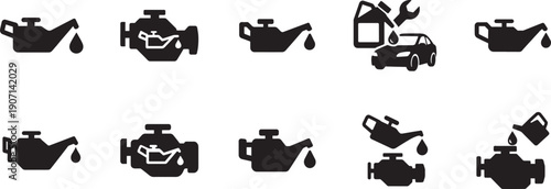 Oil engine motor icon set in vector style for automotive, mechanic and industrial design projects.