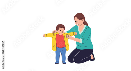 A kind mother kneels down, helping her young son put on a bright yellow jacket, while the small boy stands in a room.