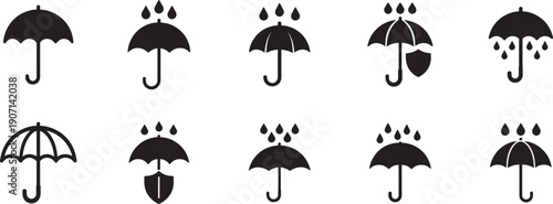  Umbrella icon set with parasol symbols in line and flat style for rain, weather and insurance concepts.