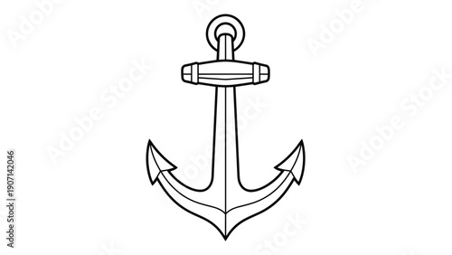 Simple black outline of a nautical ship anchor for marine travel and seafaring adventure concepts on white background.