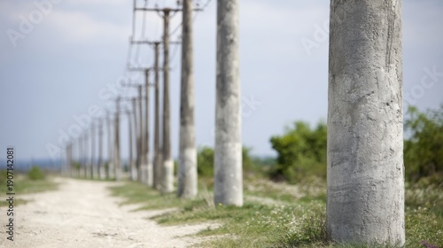 A series of sturdy concrete utility poles along a dirt road