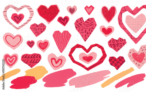 Collage hearts with patterns and doodles. Hand drawn Valentine's day decor elements. Cut out paper pieces for scrapbook, love and caring symbol vector illustration set