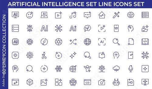 Artificial intelligence Outline icon set. featuring chat, magic, sparkle, stars, prompt, AI generated icons minimal thin line web icon set. Thin outline icons pack. Vector illustration