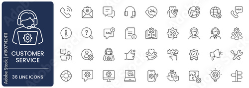 Customer Service and Technical Support Line Icon Set. Collection of help, communication, assistance, contact, center, agent, operator, consulting, faq, Outline, Editable Stroke, Vector illustration.