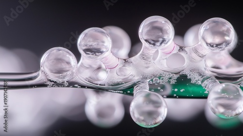 A complex network of interconnected molecules, glowing faintly, suspended in a transparent gel against a black background