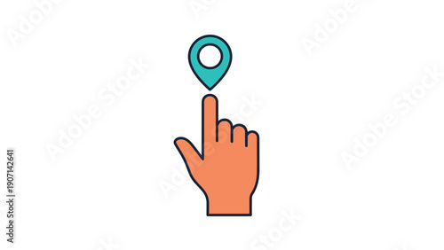 Hand pointing upward with a teal location pin icon floating above the index finger over a clean white background for navigation.