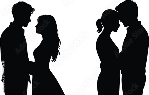 Romantic couple silhouettes facing each other, intimate man and woman poses, love relationship concept, black isolated people illustration