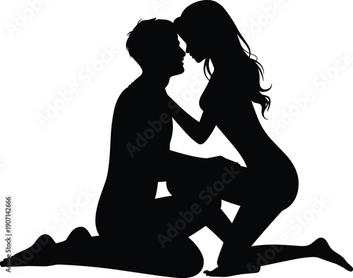 Romantic couple silhouette kneeling together, intimate man and woman love pose, relationship passion concept, black isolated people illustration art design