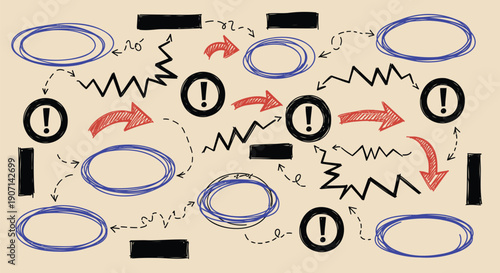 Vector warning signs and symbols, exclamation marks, zigzag lines, and arrows on beige background, for infographic or presentation, isolated on transparent background, png