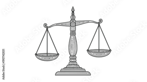 Classical set of balancing scales depicted in a detailed engraving style representing justice, law, and fairness in a legal context.