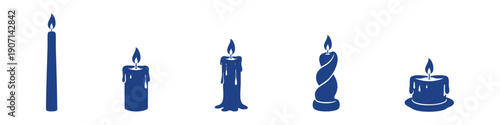 Various candle icons set in black and blue, featuring pillar, twisted, and melting wax styles with lit flames on a white background.