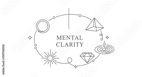 Vector mental clarity logo with crystal, pyramid, and sunburst elements, for meditation or wellness branding, Isolated on transparent background, png