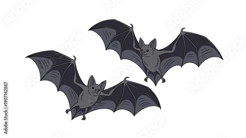 Pair of dark grey bats flying through the air with their wings spread in a simple cartoon style illustration on white.
