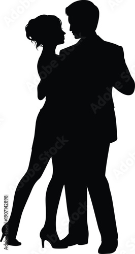 Romantic dancing couple silhouette, man and woman ballroom dance pose, love relationship concept, black isolated people illustration