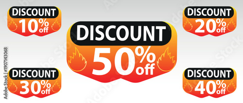 Hot fire style discount tag design element set with various percentages for mega sales, flame themed promotions, and retail price offer labels.