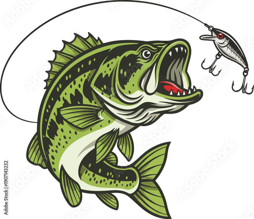 Bass fish vector, dynamic jumping bass fish illustration, largemouth bass fish vector, bass fish vector on white background