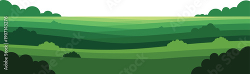 Vibrant green rolling hills create a layered landscape graphic with bright sunlight illuminating the distant horizon line.