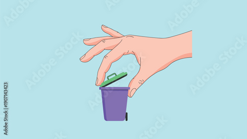 Human hand opening the lid of a tiny purple trash can against a solid light blue background representing waste management.