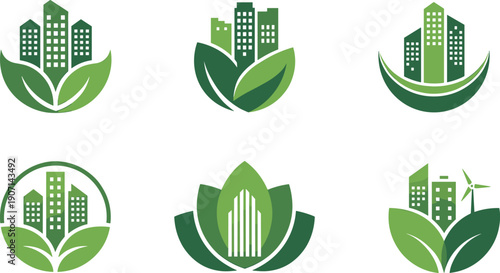 Set of green eco city logos featuring urban skyscrapers with leaves and wind turbine for sustainable environment renewable energy and organic architectural design