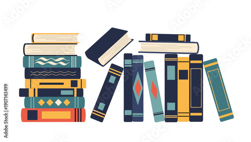 Colorful illustration of several books arranged in stacks and rows showcasing various sizes and spine designs for education.